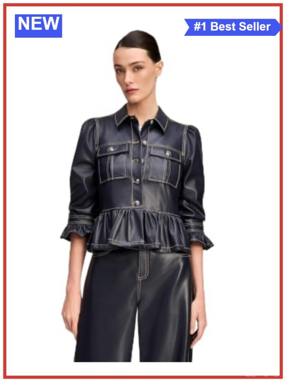 Faux Leather Delanie Jacket Ruffle 3/4 Sleeve Casual